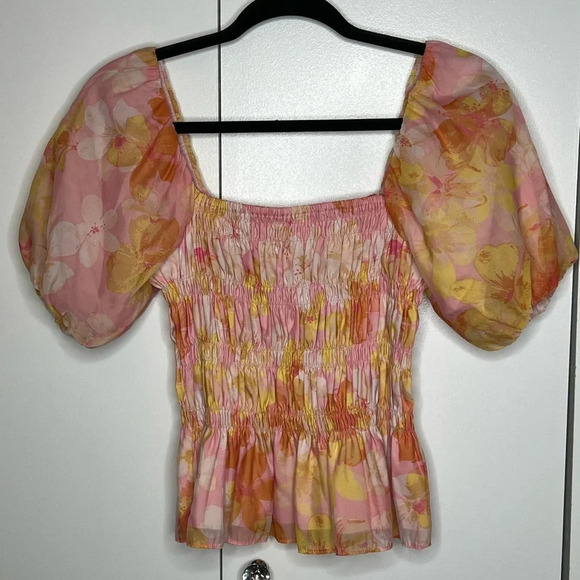 Louna Orange Floral Puff Sleeve Smocked Top - Size Small - Picture 2 of 8